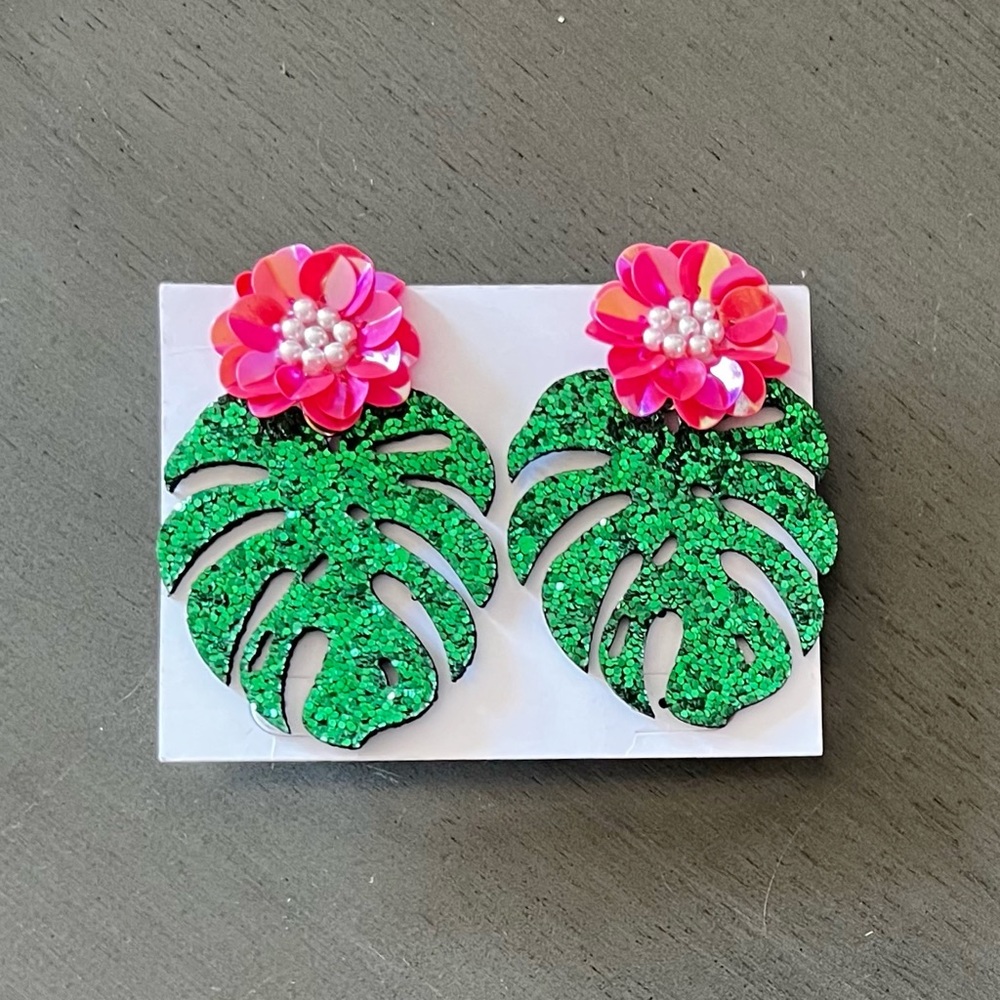 🌺 Hot Pink Sequin Floral Green Palm Glitter Leaf 2.25" Lightweight Earrings